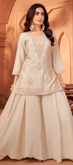 White and Off White color Salwar Kameez in Silk fabric with Embroidered, Sequence work