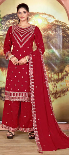 Red and Maroon color Salwar Kameez in Silk fabric with Embroidered, Sequence, Zircon work