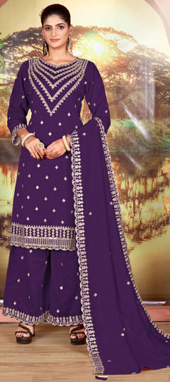 Purple and Violet color Salwar Kameez in Silk fabric with Embroidered, Sequence, Zircon work