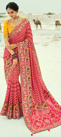 Red and Maroon color Saree in Georgette fabric with Bandhej, Cut Dana, Embroidered, Lace, Mirror, Moti, Resham, Zari work