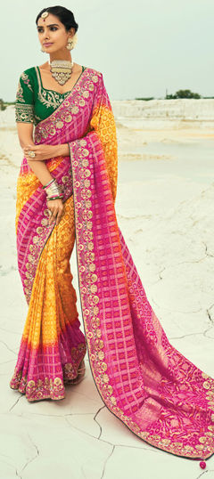 Pink and Majenta, Yellow color Saree in Georgette fabric with Bandhej, Cut Dana, Embroidered, Lace, Mirror, Moti, Resham, Zari work