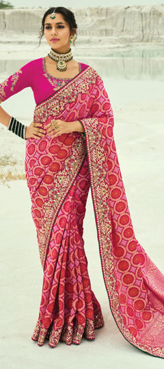 Pink and Majenta, Red and Maroon color Saree in Georgette fabric with Bandhej, Cut Dana, Embroidered, Mirror, Moti, Printed, Resham, Zari work