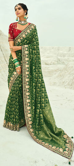 Green color Saree in Georgette fabric with Bandhej, Cut Dana, Embroidered, Lace, Mirror, Moti, Printed, Resham, Zari work