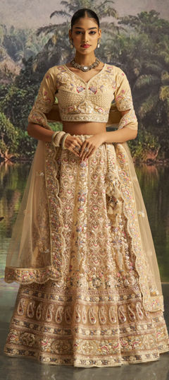Beige and Brown color Lehenga in Net fabric with Sequence, Thread, Zircon work