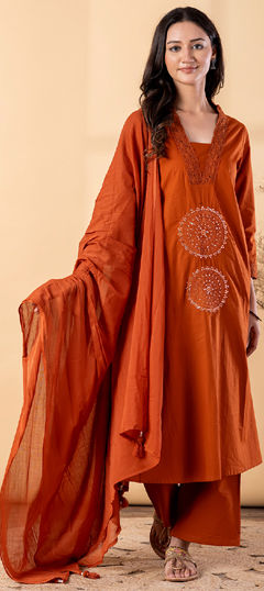 Beige and Brown color Salwar Kameez in Cotton fabric with Embroidered, Resham, Thread work