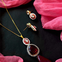 Gold Rodium Polish Red and Maroon color Pendant in Brass studded with Kundan
