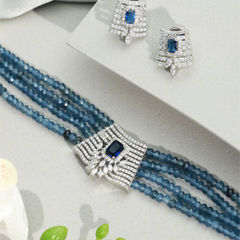 Gold Rodium Polish Blue color Necklace in Brass studded with CZ Diamond