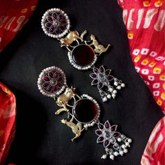 Silver Rodium Polish Red and Maroon color Earrings in Brass studded with Pearl