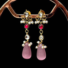Gold Rodium Polish Pink and Majenta color Earrings in Brass studded with Kundan, Pearl