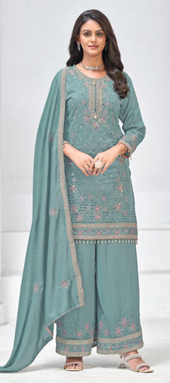 Blue color Salwar Kameez in Silk fabric with Embroidered work
