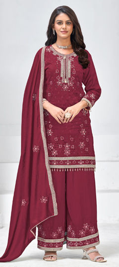 Red and Maroon color Salwar Kameez in Silk fabric with Embroidered work