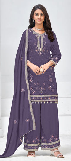 Purple and Violet color Salwar Kameez in Silk fabric with Embroidered work