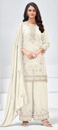 White and Off White color Salwar Kameez in Silk fabric with Embroidered work