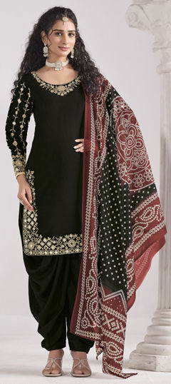 Black and Grey color Salwar Kameez in Roman Silk fabric with Bandhej, Embroidered, Mirror, Thread, Zari work