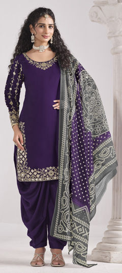 Purple and Violet color Salwar Kameez in Roman Silk fabric with Bandhej, Embroidered, Mirror, Thread, Zari work