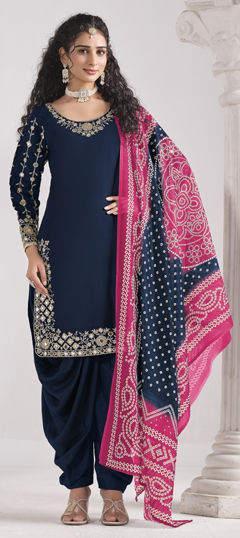 Blue color Salwar Kameez in Roman Silk fabric with Bandhej, Embroidered, Mirror, Thread, Zari work
