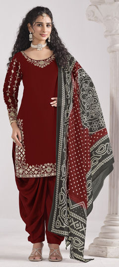 Red and Maroon color Salwar Kameez in Roman Silk fabric with Bandhej, Embroidered, Mirror, Thread, Zari work
