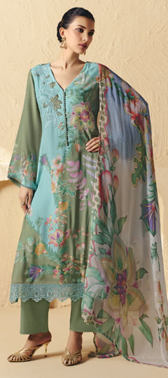 Blue color Salwar Kameez in Muslin fabric with Digital Print, Embroidered, Patch, Resham work
