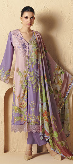 Pink and Majenta, Purple and Violet color Salwar Kameez in Muslin fabric with Digital Print, Embroidered, Patch, Resham work