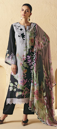 Black and Grey color Salwar Kameez in Muslin fabric with Digital Print, Embroidered, Patch, Resham work