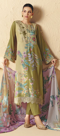 Green color Salwar Kameez in Muslin fabric with Digital Print, Embroidered, Patch, Resham work