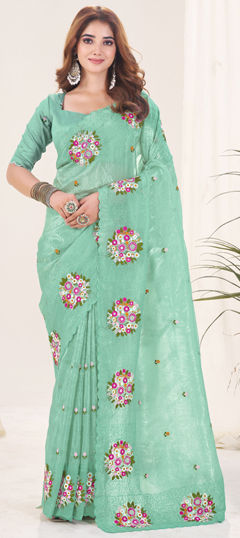 Green color Saree in Crushed Silk fabric with Embroidered, Thread work