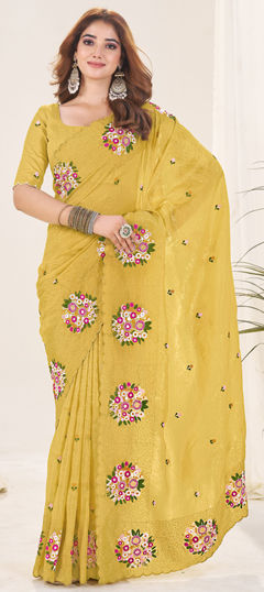 Yellow color Saree in Crushed Silk fabric with Embroidered, Thread work