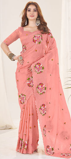 Beige and Brown color Saree in Crushed Silk fabric with Embroidered, Thread work