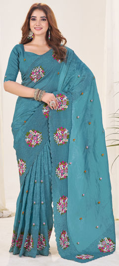 Blue color Saree in Crushed Silk fabric with Embroidered, Thread work