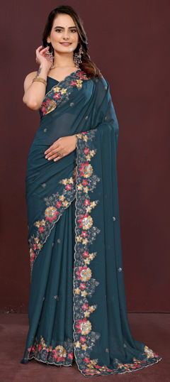 Blue color Saree in Net fabric with Embroidered, Sequence, Thread work