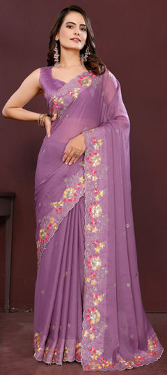Purple and Violet color Saree in Net fabric with Embroidered, Sequence, Thread work