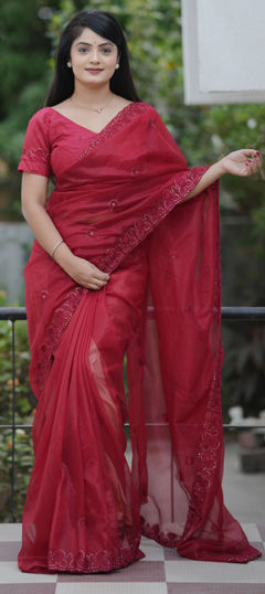 Red and Maroon color Saree in Net fabric with Embroidered, Sequence, Thread work