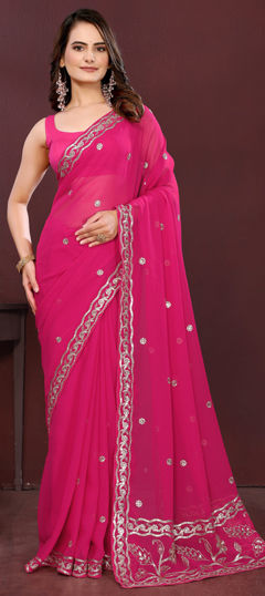Pink and Majenta color Saree in Net fabric with Embroidered, Sequence, Thread work