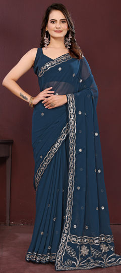 Blue color Saree in Net fabric with Embroidered, Sequence, Thread work