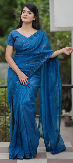 Blue color Saree in Net fabric with Embroidered, Sequence, Thread work