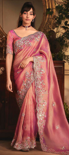 Pink and Majenta color Saree in Tissue fabric with Embroidered, Sequence work