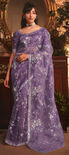 Purple and Violet color Saree in Tissue fabric with Embroidered, Sequence work