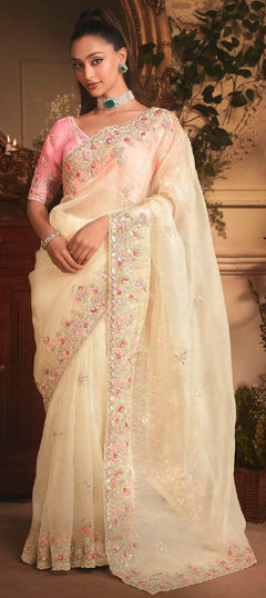 White and Off White color Saree in Tissue fabric with Embroidered, Sequence work