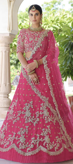 Pink and Majenta color Lehenga in Net fabric with Embroidered, Thread work