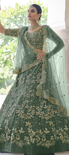 Green color Lehenga in Net fabric with Embroidered, Thread work