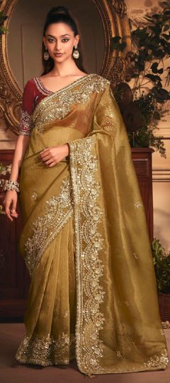 Gold color Saree in Tissue fabric with Embroidered, Sequence work