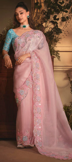 Pink and Majenta color Saree in Tissue fabric with Embroidered, Sequence work