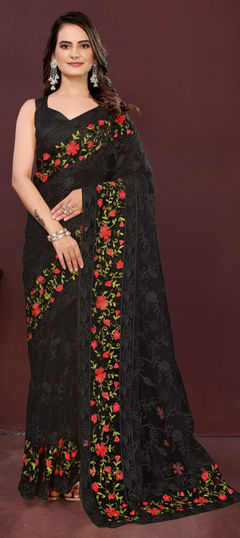 Black and Grey color Saree in Net fabric with Embroidered work
