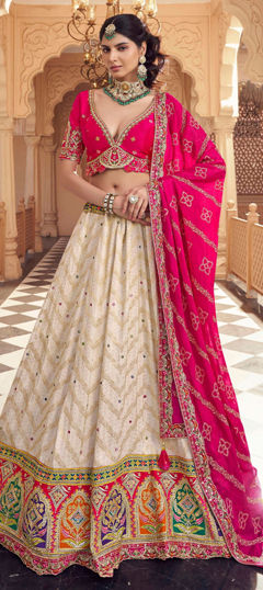 White and Off White color Lehenga in Viscose fabric with Border, Bugle Beads, Embroidered, Printed, Resham, Sequence, Stone, Weaving, Zari work