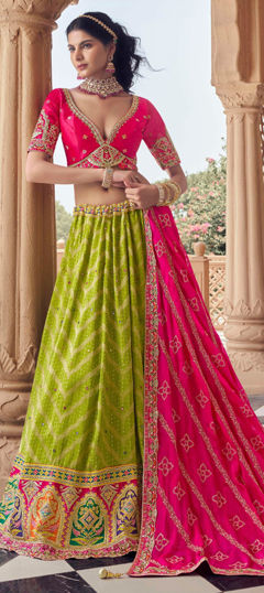 Green color Lehenga in Viscose fabric with Border, Bugle Beads, Embroidered, Printed, Resham, Sequence, Stone, Weaving, Zari work