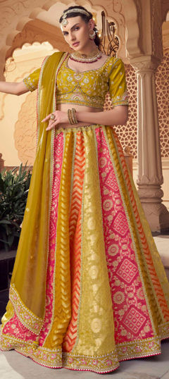 Multicolor color Lehenga in Organza Silk fabric with Border, Bugle Beads, Embroidered, Printed, Resham, Sequence, Stone, Weaving, Zari work
