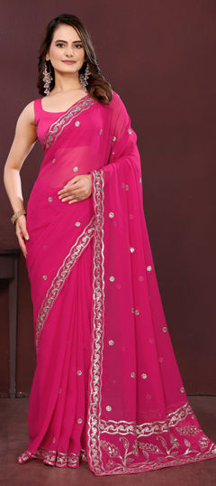 Pink and Majenta color Saree in Georgette fabric with Embroidered, Thread work