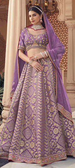 Purple and Violet color Lehenga in Organza Silk fabric with Border, Bugle Beads, Embroidered, Resham, Sequence, Stone, Weaving, Zari work