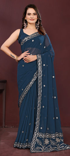 Blue color Saree in Georgette fabric with Embroidered, Thread work