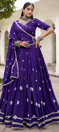 Purple and Violet color Ready to Wear Lehenga in Chanderi Silk fabric with Lace, Printed, Tye n Dye work